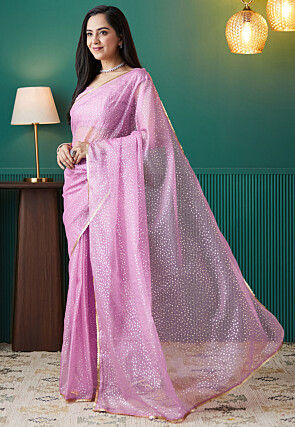 Pre-stitched Organza Saree in Light Purple