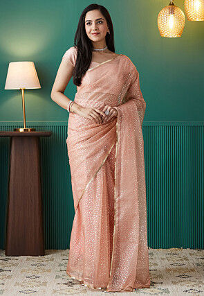 Pre-stitched Organza Saree in Peach