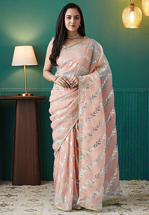 Pre-stitched Organza Saree in Peach