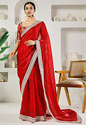 Pre-stitched Organza Saree in Red