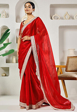 Pre-stitched Organza Saree in Red
