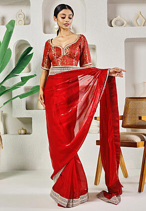 Pre-stitched Organza Saree in Red