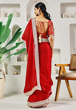 Pre-stitched Organza Saree in Red