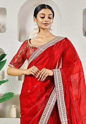 Pre-stitched Organza Saree in Red