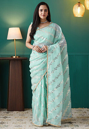 Pre-stitched Organza Saree in Sea Green