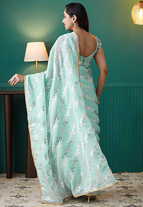 Pre-stitched Organza Saree in Sea Green