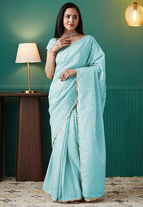 Pre-stitched Organza Saree in Sky Blue