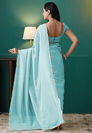 Pre-stitched Organza Saree in Sky Blue