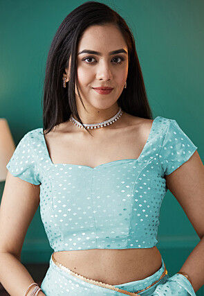 Pre-stitched Organza Saree in Sky Blue