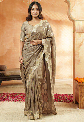 Embroidered Organza Scalloped Saree in Light Brown