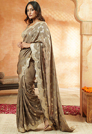 Embroidered Organza Scalloped Saree in Light Brown