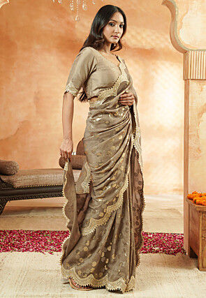 Embroidered Organza Scalloped Saree in Light Brown