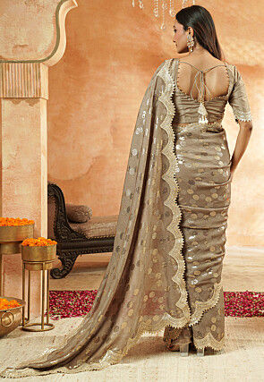 Embroidered Organza Scalloped Saree in Light Brown