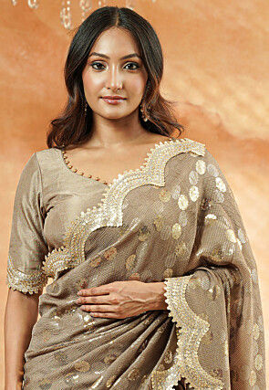Embroidered Organza Scalloped Saree in Light Brown