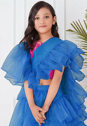 Pre-Stitched Organza Tiered Saree in Royal Blue