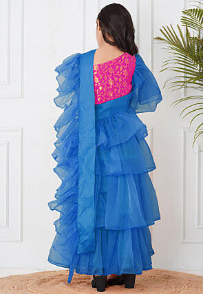 Pre-Stitched Organza Tiered Saree in Royal Blue