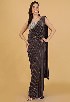 Pre-Stitched Pure Crepe Saree in Dark Brown