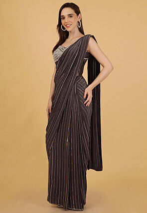 Pre-Stitched Pure Crepe Saree in Dark Brown