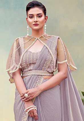 Pre-stitched Saree Satin Georgette Saree in Purple