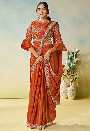 Pre-stitched Saree Satin Georgette Saree in Rust