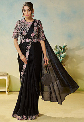 Pre-stitched Saree Satin Georgette Scalloped Saree in Black