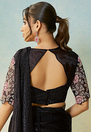 Pre-stitched Saree Satin Georgette Scalloped Saree in Black