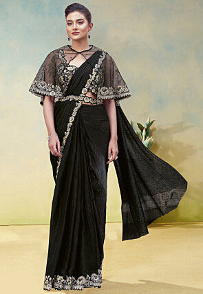 Pre-stitched Saree Satin Georgette Scalloped Saree in Black