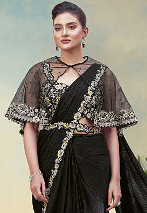 Pre-stitched Saree Satin Georgette Scalloped Saree in Black