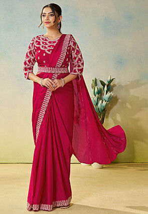 Pre-stitched Saree Satin Georgette Saree in Fuchsia