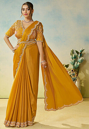 Pre-stitched Saree Satin Georgette Scalloped Saree in Mustard