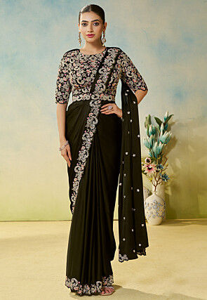 Pre-stitched Saree Satin Georgette Saree in Olive Green