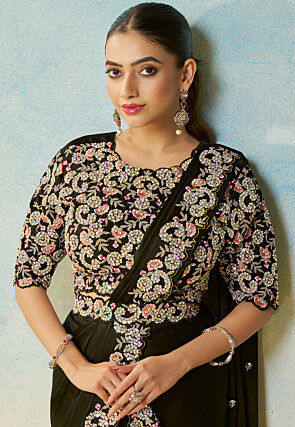 Pre-stitched Saree Satin Georgette Saree in Olive Green