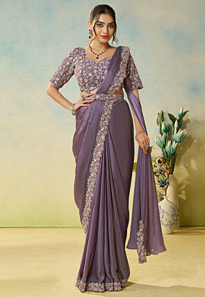 Pre-stitched Saree Satin Georgette Scalloped Saree in Purple