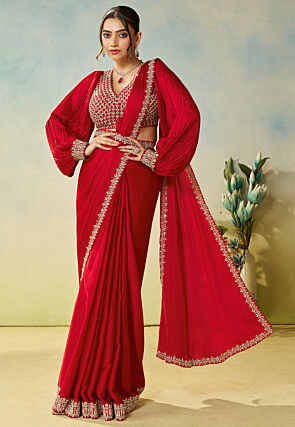 Pre-stitched Saree Satin Georgette Scalloped Saree in Red