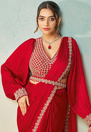 Pre-stitched Saree Satin Georgette Scalloped Saree in Red