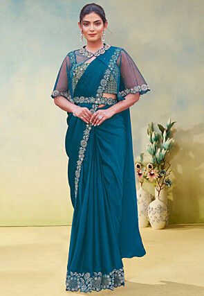 Pre-stitched Saree Satin Georgette Scalloped Saree in Teal Blue