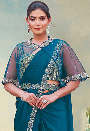 Pre-stitched Saree Satin Georgette Scalloped Saree in Teal Blue