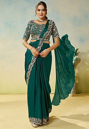 Pre-stitched Saree Satin Georgette Saree in Teal Green
