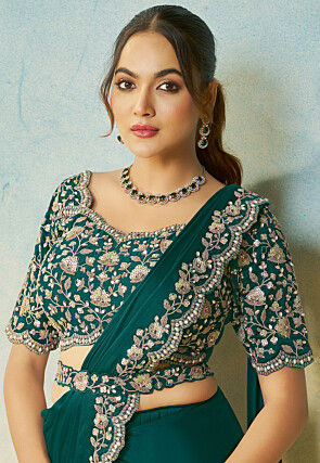 Pre-stitched Saree Satin Georgette Saree in Teal Green