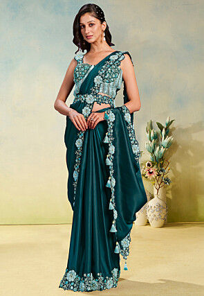 Pre-stitched Saree Satin Georgette Saree in Teal Green
