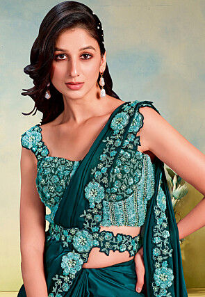 Pre-stitched Saree Satin Georgette Saree in Teal Green