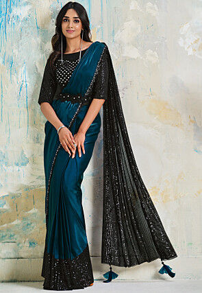 Pre-Stitched Satin and Net Saree in Teal Blue