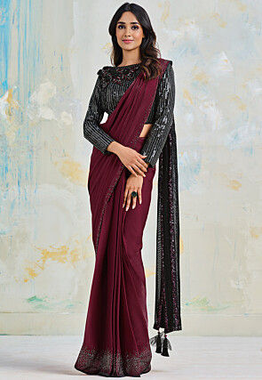 Pre-Stitched Satin and Net Saree in Wine