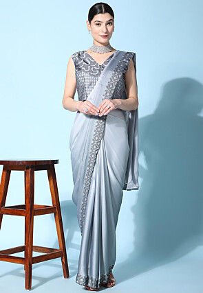 Pre-stitched Satin Butterfly Pallu Saree in Grey