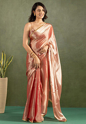 Pre-stitched Satin Chiffon Saree in Peach