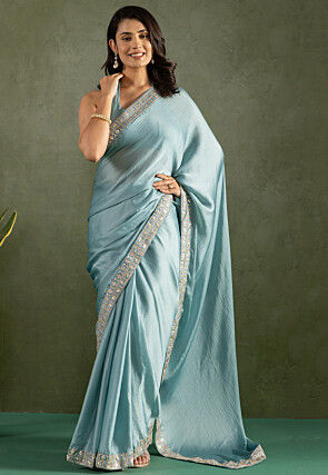 Pre-stitched Satin Chiffon Scalloped Saree in Light Blue