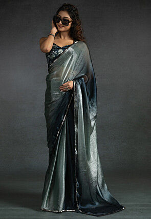 Pre-stitched Satin Chiffon Shimmer Saree in Shaded Light Grey and Blue