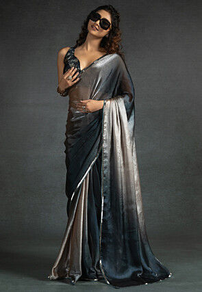 Pre-stitched Satin Chiffon Shimmer Saree in Shaded Light Grey and Blue