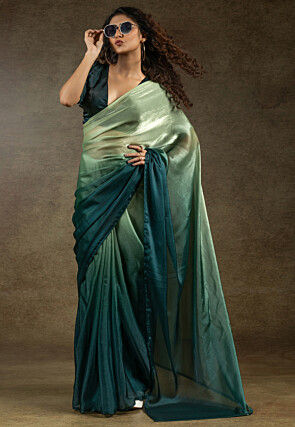 Pre-stitched Satin Chiffon Shimmer Saree in Pastel Green and Teal Blue