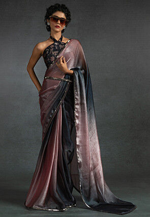 Pre-stitched Satin Chiffon Shimmer Saree in Shaded Peach and Black